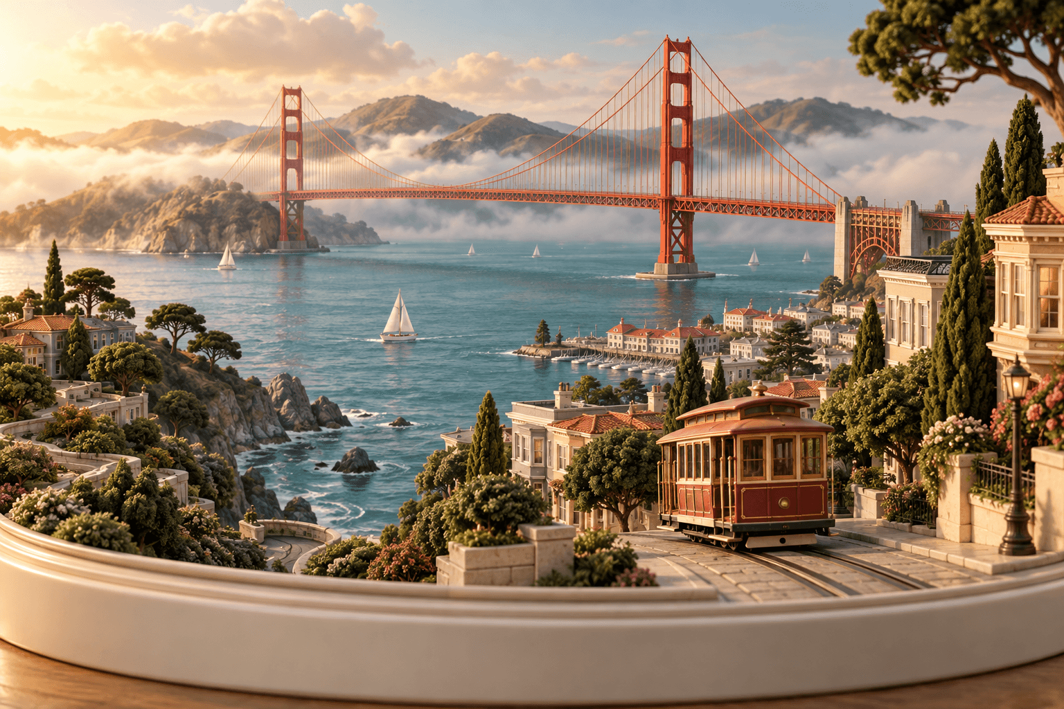 3D San Francisco-inspired coastal scene with a suspension bridge and a cable car on a separate hillside street