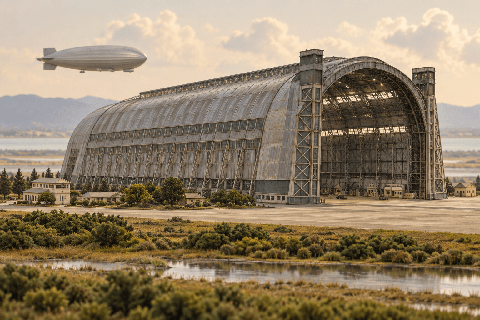 Illustrated poster of a giant hangar and dirigible over the Peninsula