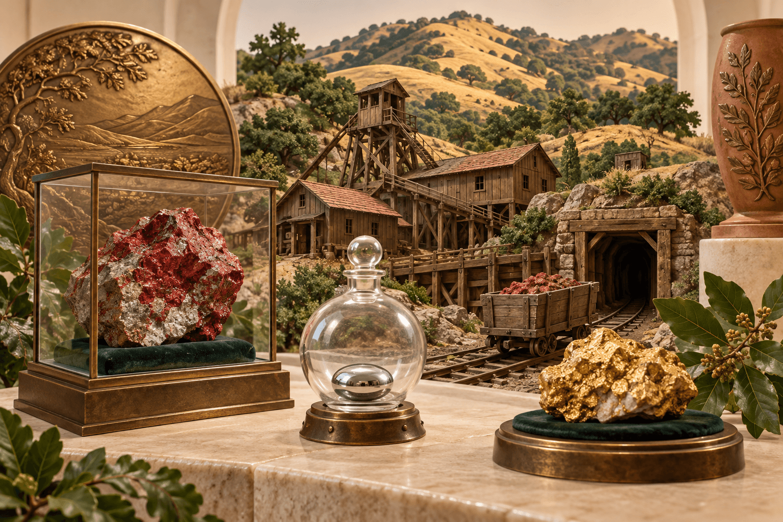 3D historical mining illustration with New Almaden-inspired hills, ore and a sealed mercury display