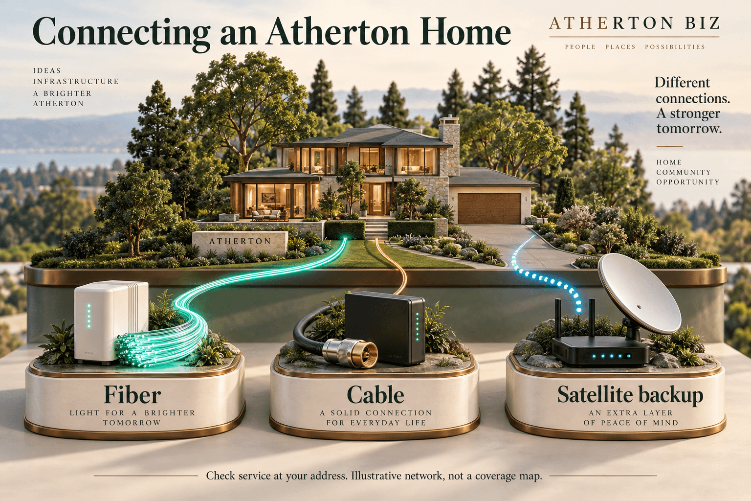 Illustrated Atherton-style home with three connection concepts: fiber, cable and satellite backup
