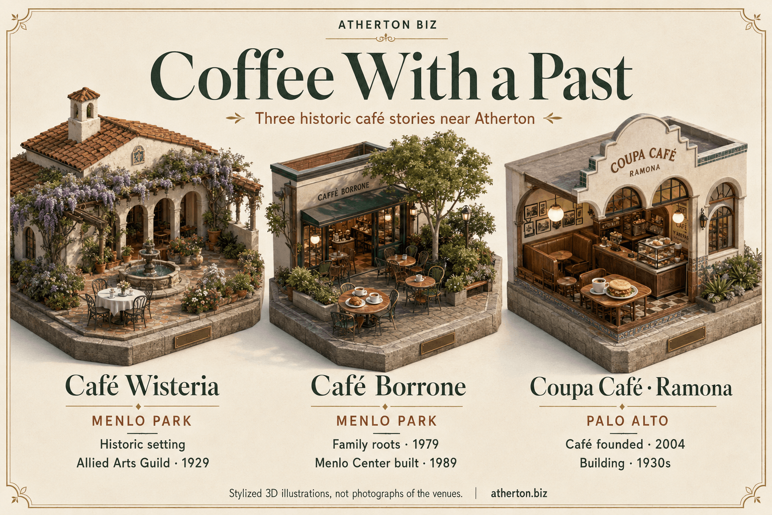 Three illustrated cafe histories: Wisteria at Allied Arts Guild, developed in 1929; Borrone's family business founded in 1979, before its Menlo Park move; and Coupa Ramona, founded in 2004 in a 1930s building