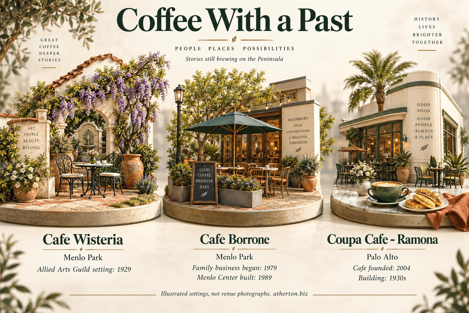 Three illustrated cafe histories: Wisteria at Allied Arts Guild, developed in 1929; Borrone's family business founded in 1979, before its Menlo Park move; and Coupa Ramona, founded in 2004 in a 1930s building