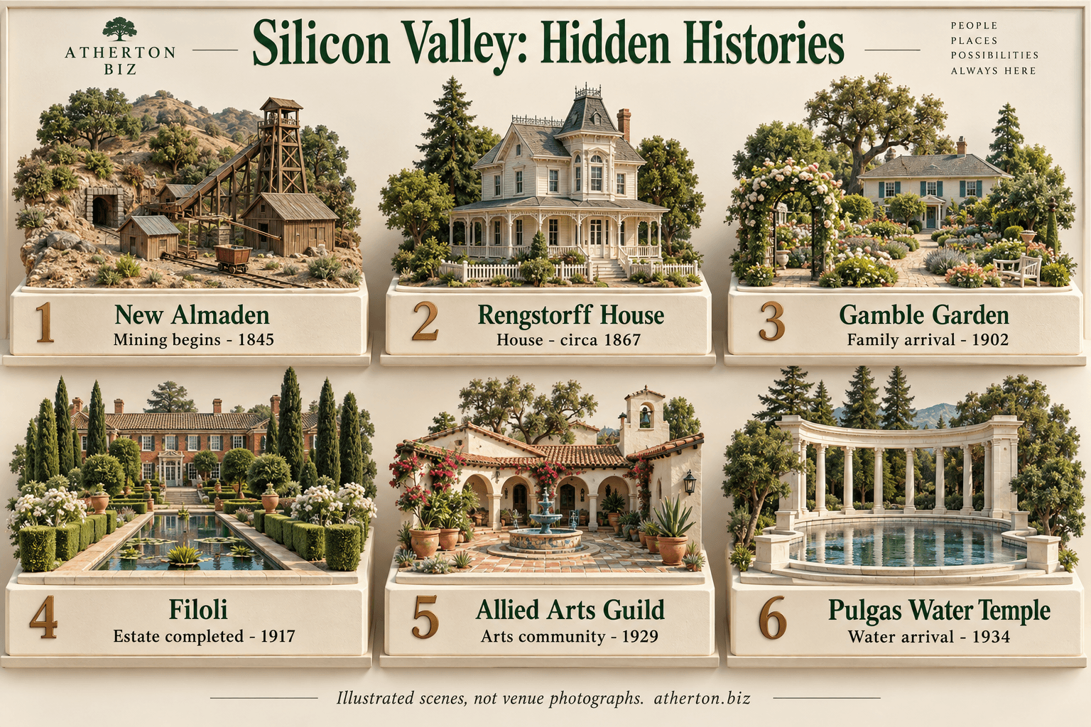 Six historical milestones: New Almaden mining in 1845, Rengstorff House circa 1867, the Gamble family's arrival in 1902, Filoli in 1917, Allied Arts Guild in 1929, and Hetch Hetchy water arriving at Pulgas in 1934