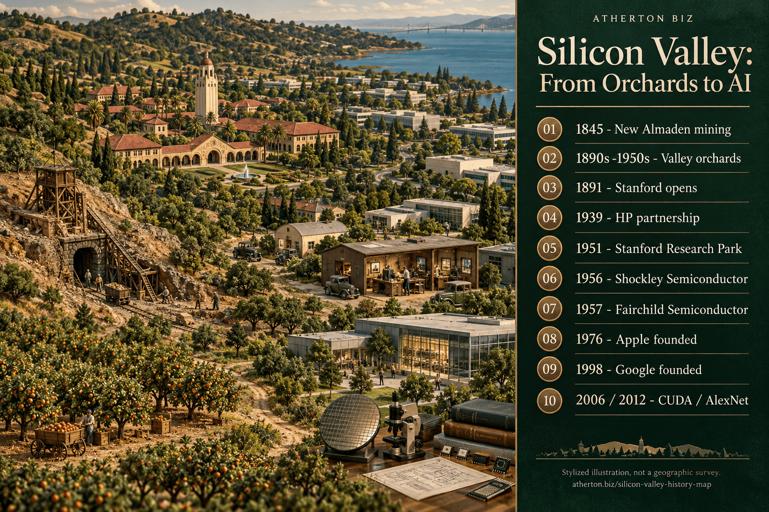 An illustrated Silicon Valley landscape with orchards, Stanford-inspired architecture, research offices and mining, beside a ten-chapter historical timeline