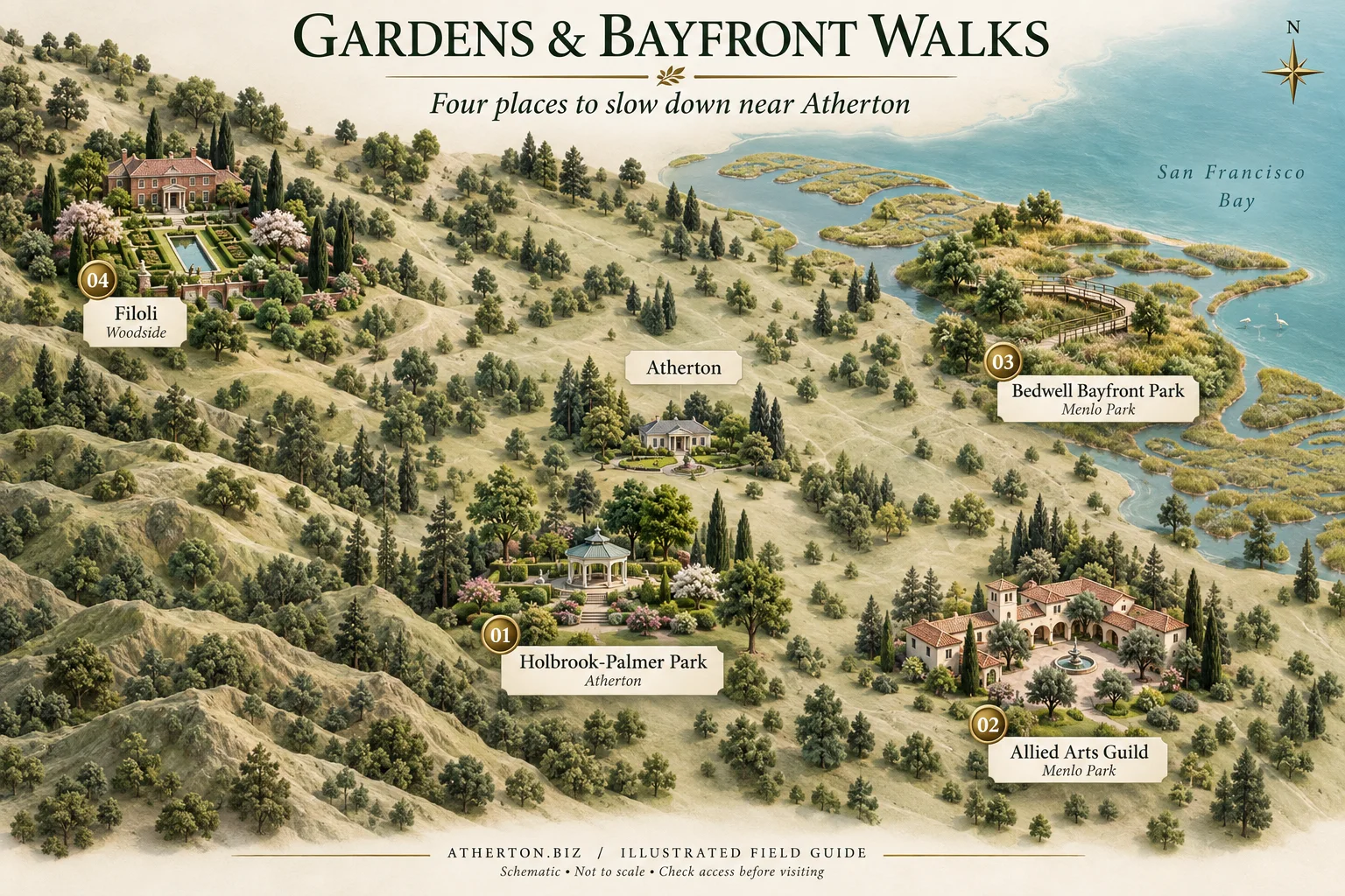 3D illustrated map of Holbrook-Palmer Park in Atherton, Allied Arts Guild and Bedwell Bayfront Park in Menlo Park, and Filoli in Woodside